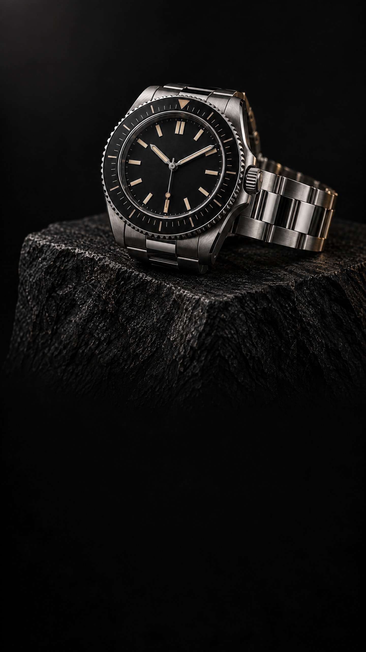 Custom dive-style automatic watch with a sterile black dial resting on black stone
